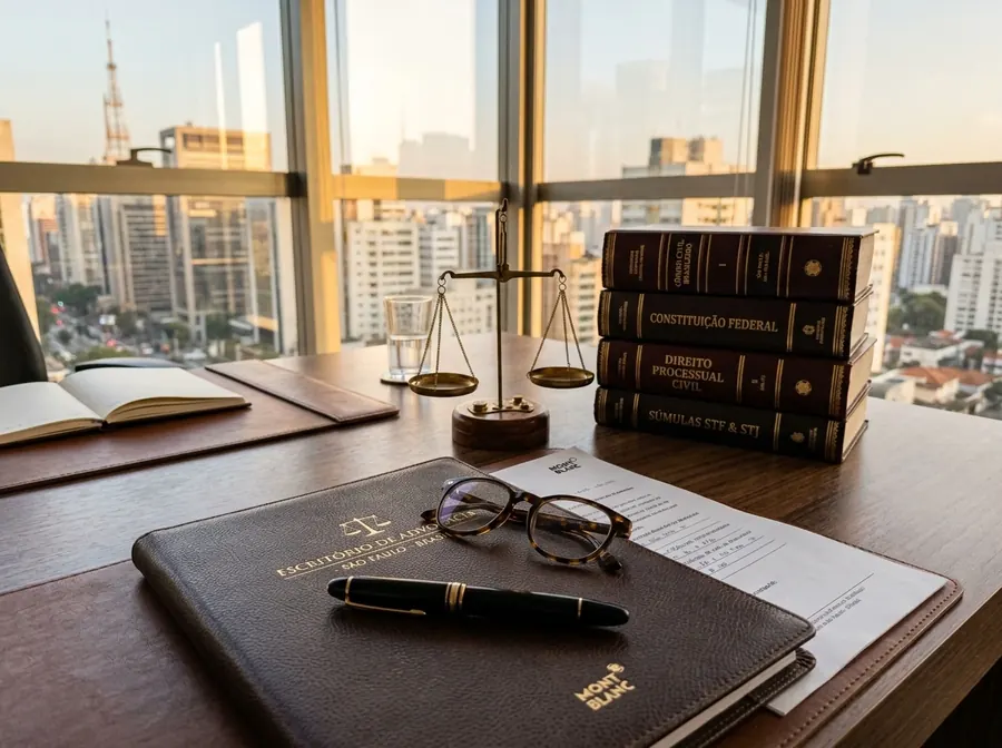 Mesa de consulta com livros de legislação